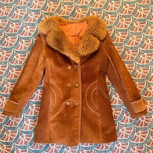 Vintage 70s Leather Coat With Fur Collar Womens S/M